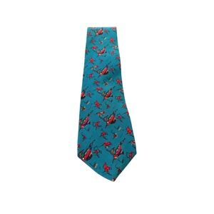 VTG 90s J Garcia Mens Silk Necktie Teal Red Hummingbird Art Print Hand Sewn USA